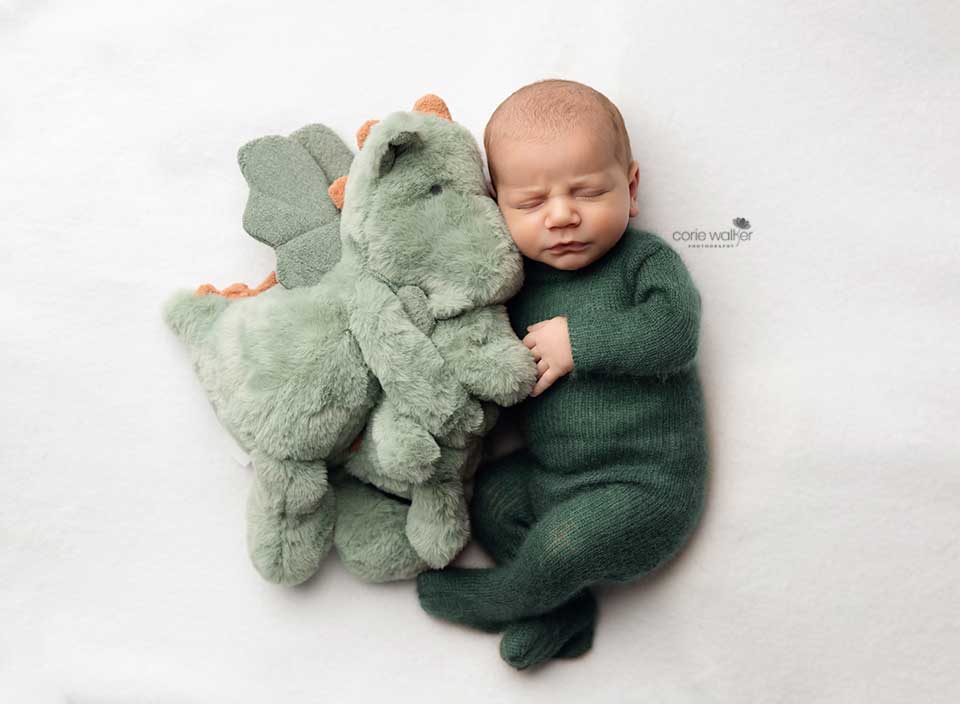 sleeping baby hugging stuffed dragon